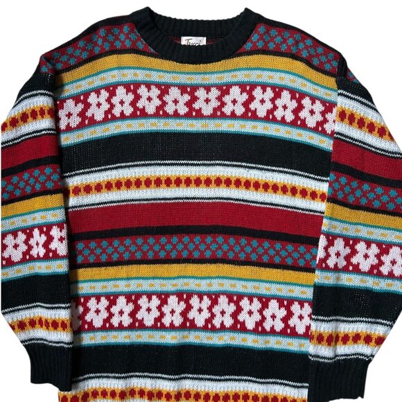 80s vintage daisy stripe sweater retro twee pattern acrylic crewneck print. - Picture 2 of 7